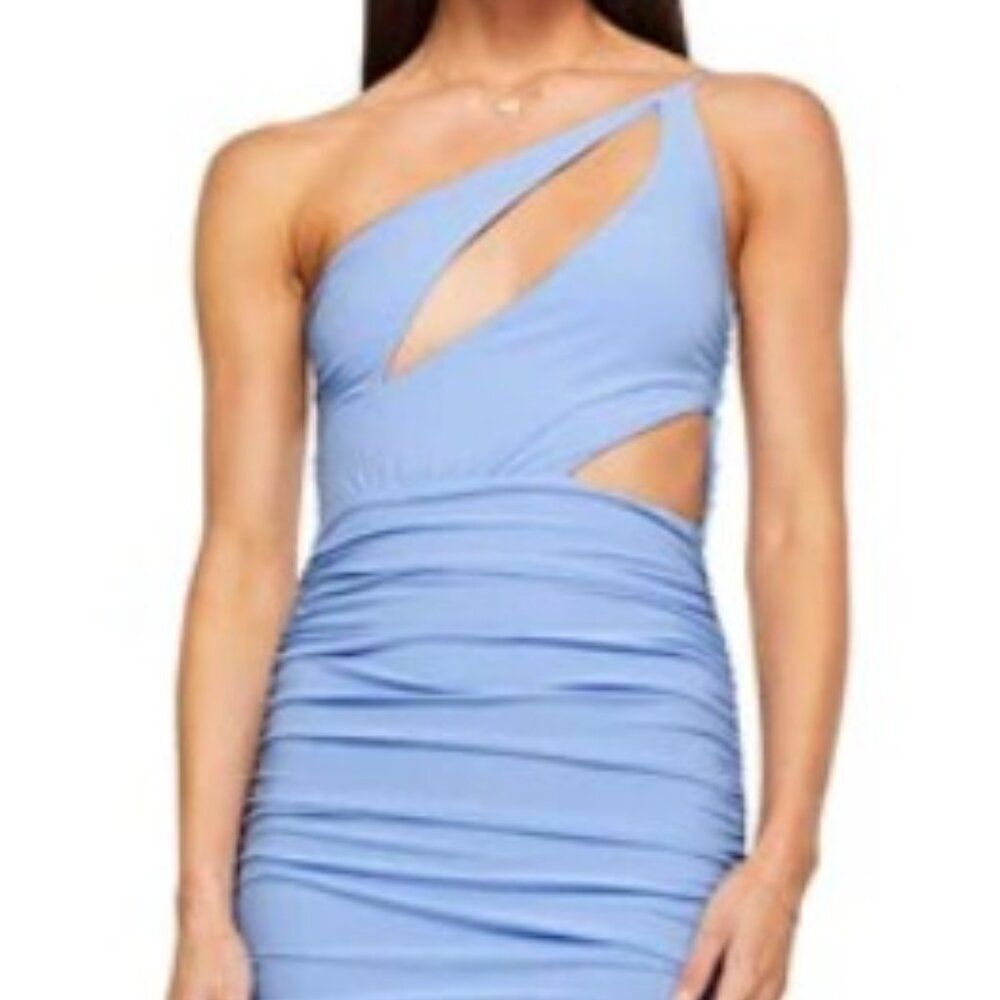 NOOKIE x REVOLVE Sexy Ruched Bodycon Stretch Dress Cutouts Blue Medium NWT